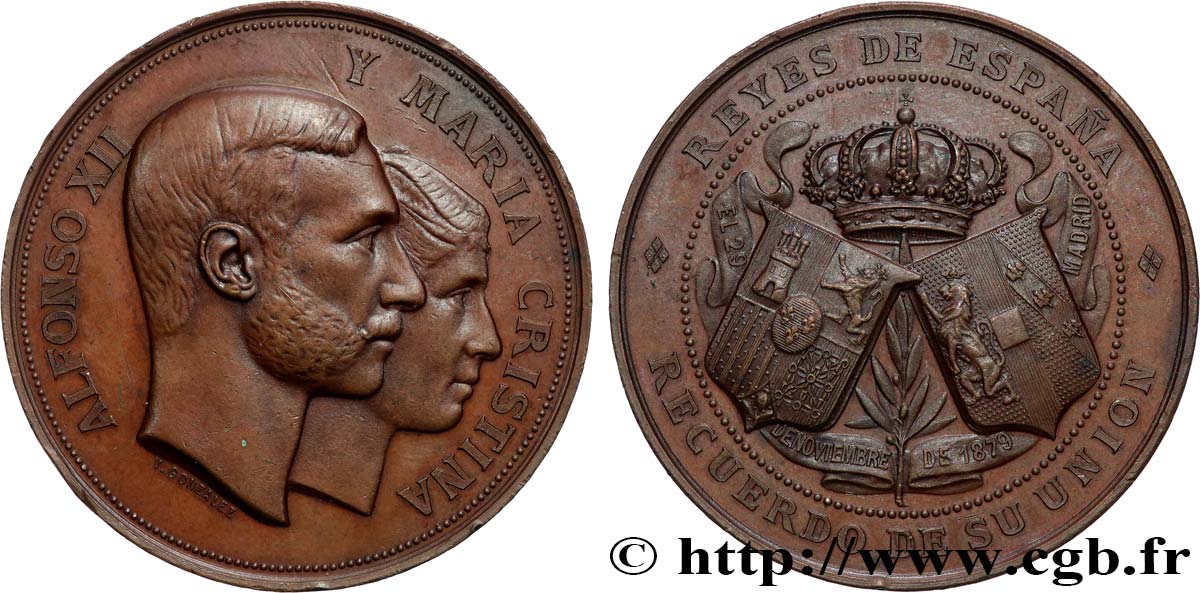 SPAIN - KINGDOM OF SPAIN - ALFONSO XII Médaille, Mariage d’Alphonse XII et Marie Christine, archiduchesse d’Autriche AU