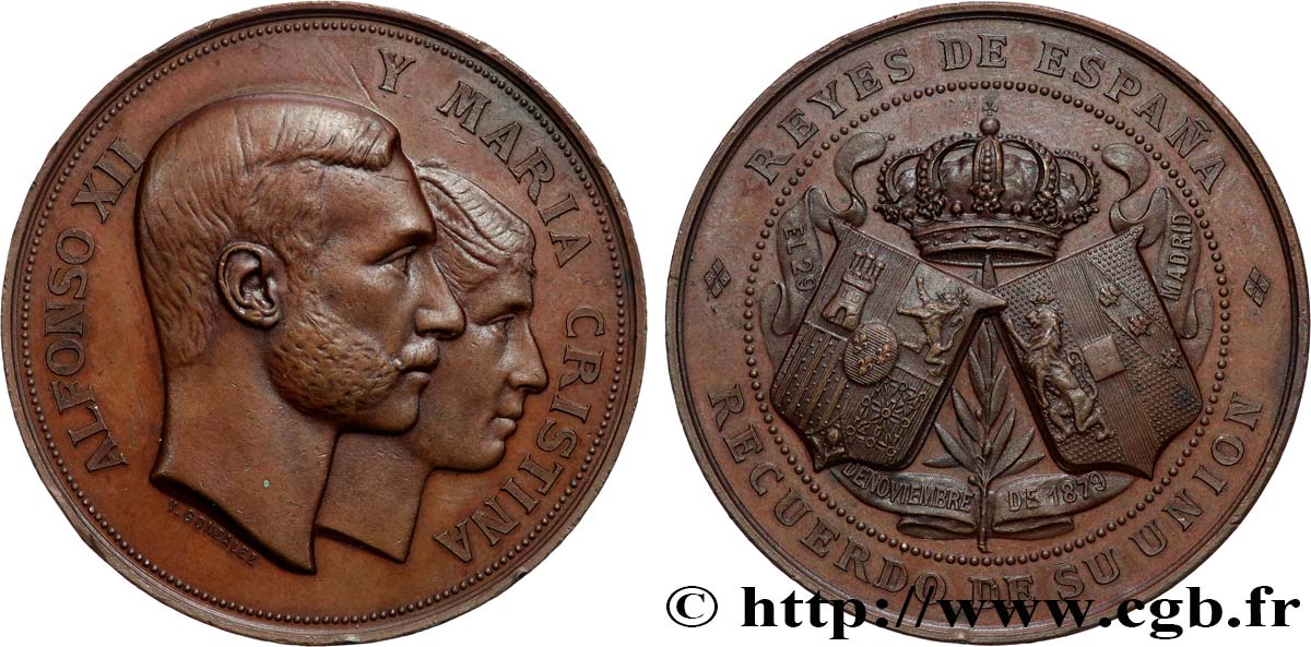 ESPAGNE - ROYAUME D ESPAGNE - ALPHONSE XII Médaille, Mariage d’Alphonse XII et Marie Christine, archiduchesse d’Autriche SUP