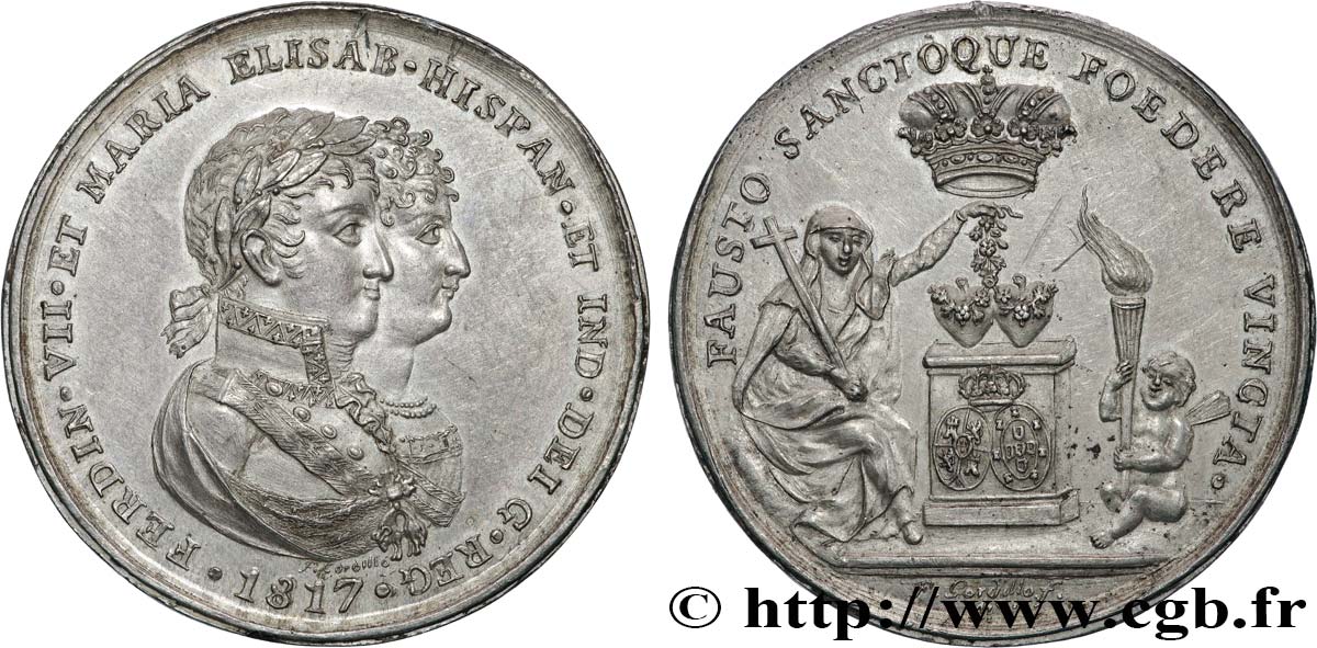 ESPAGNE - ROYAUME D ESPAGNE - FERDINAND VII Médaille, Mariage de Ferdinand VII et de Marie Isabelle de Portugal TTB+