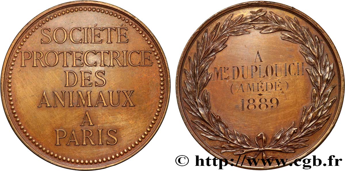 ACADÉMIES ET SOCIÉTÉS SAVANTES Médaille, Société protectrice des animaux TTB