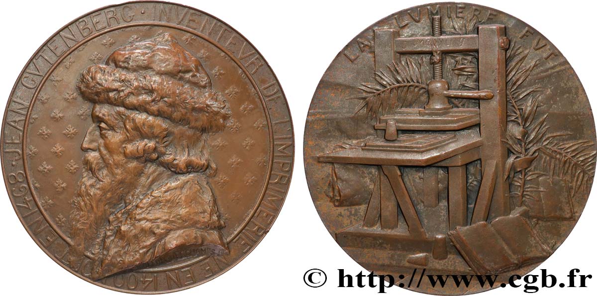 IMPRIMERIE ET PAPETERIE Médaille, Jean Gutenberg, inventeur de l’imprimerie AU/AU