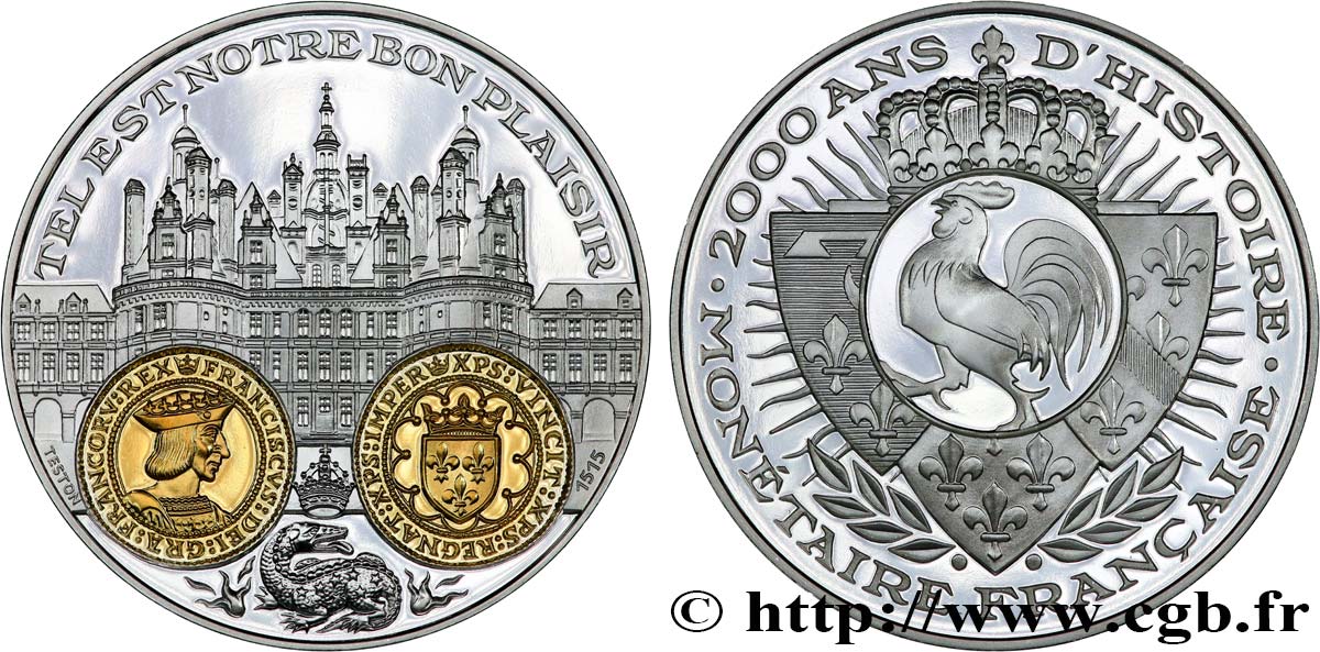 CINQUIÈME RÉPUBLIQUE Médaille, 2000 ans d’histoire monétaire française, le teston de François Ier et Chambord SPL