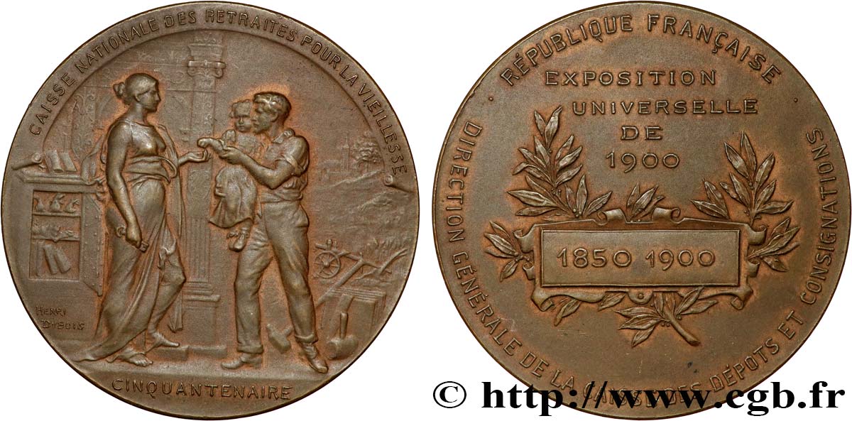 TROISIÈME RÉPUBLIQUE Médaille, Exposition Universelle, Cinquantenaire de la Caisse des Retraites SUP