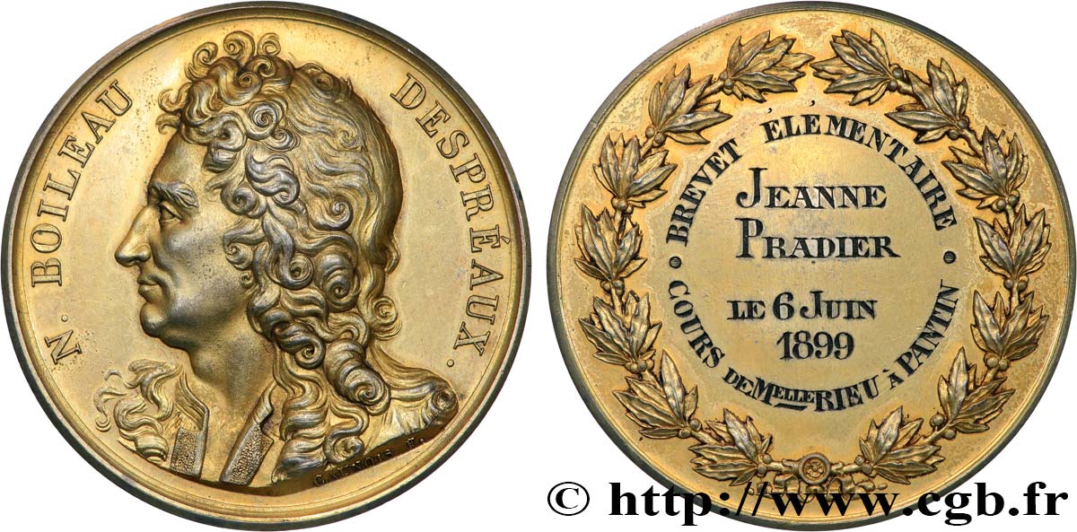 GALERIE MÉTALLIQUE DES GRANDS HOMMES FRANÇAIS Médaille, Nicolas Boileau Despréaux, Brevet élémentaire AU