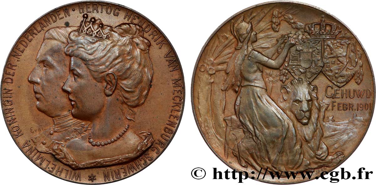 PAYS-BAS - ROYAUME DE HOLLANDE Médaille, Mariage de Henrich, Duc de Meklembourg et Wilhelmina des Pays-Bas SUP