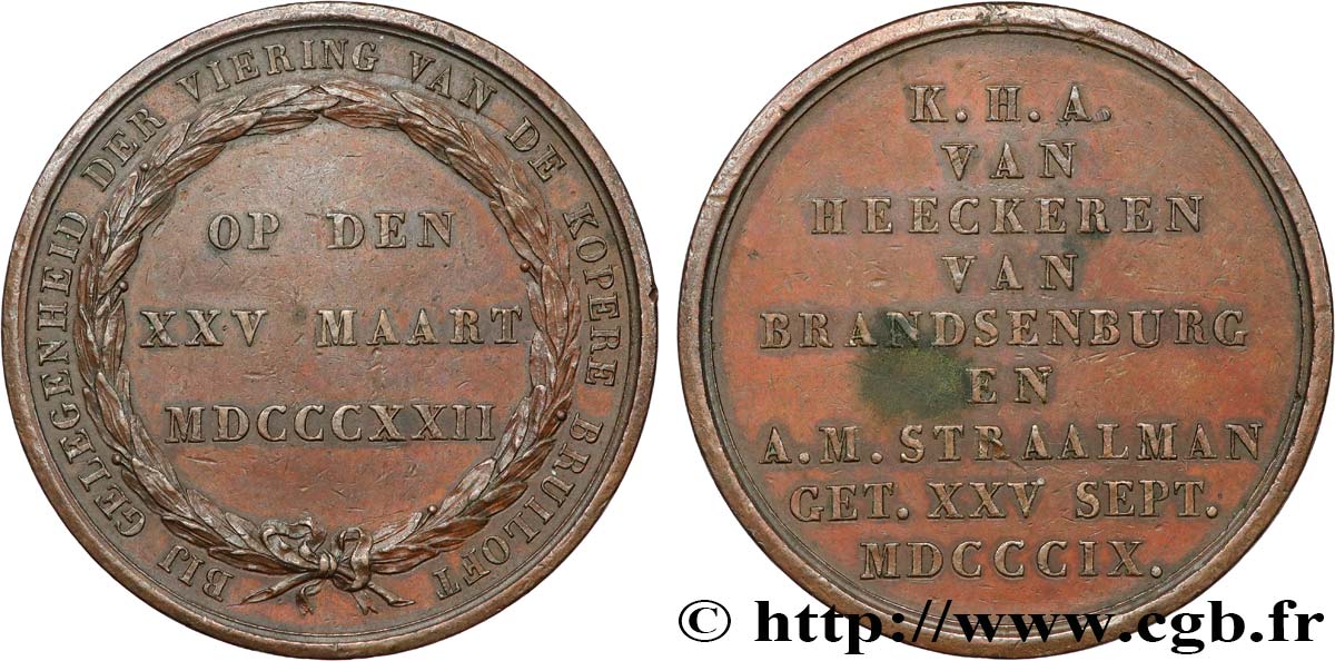 THE NEDERLANDS - KINGDOM OF HOLLAND - GUILLAUME Ier Médaille, Noces de cuivre de K. H. A. van Heeckeren van Brandsenburg et A. M. Straalman XF
