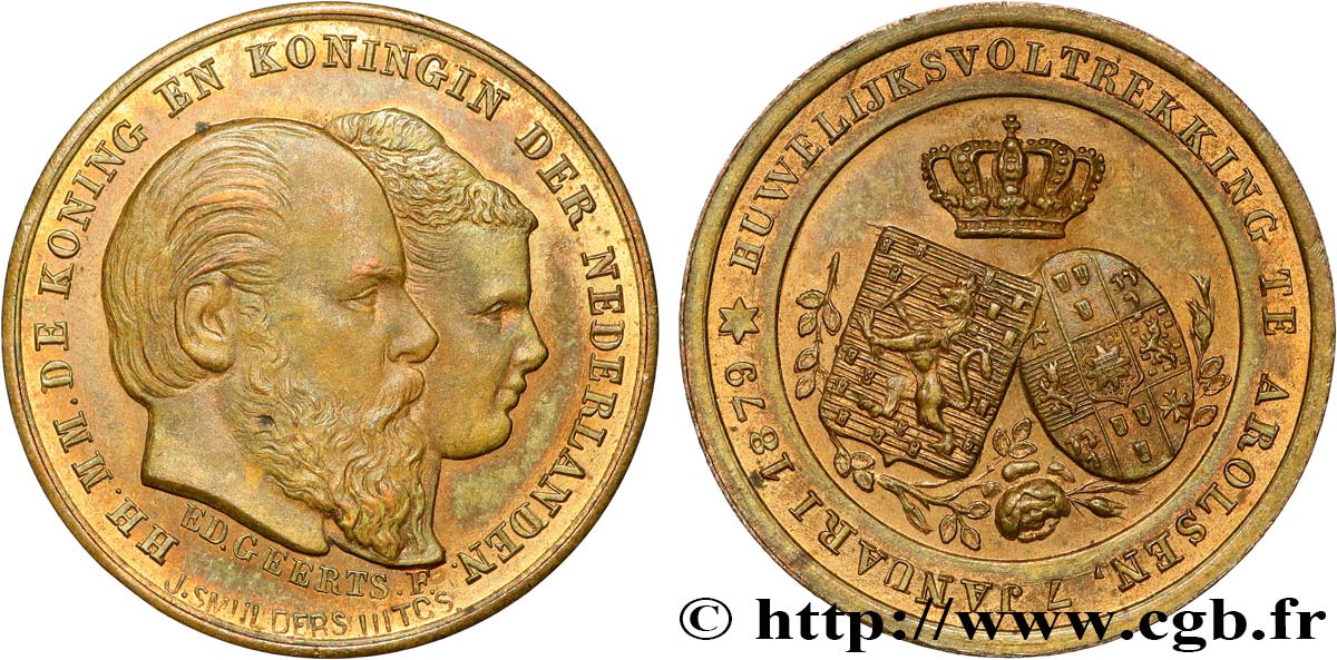 PAYS-BAS - ROYAUME DES PAYS-BAS - GUILLAUME III Médaille, Mariage de Guillaume III des Pays-Bas avec Emma de Waldeck Pyrmont  TTB+