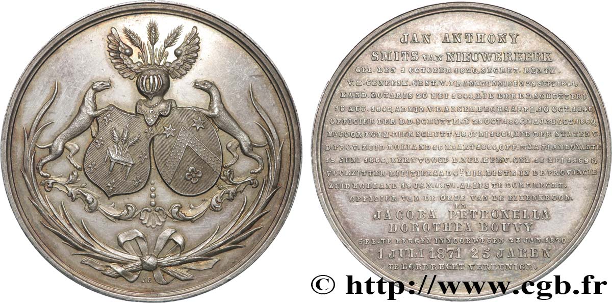 PAYS-BAS - ROYAUME DES PAYS-BAS - GUILLAUME III Médaille, Noces d’argent de J. A. Smits van Nieuwerkerk et Jacoba Petronella Dorothea Bouvy AU