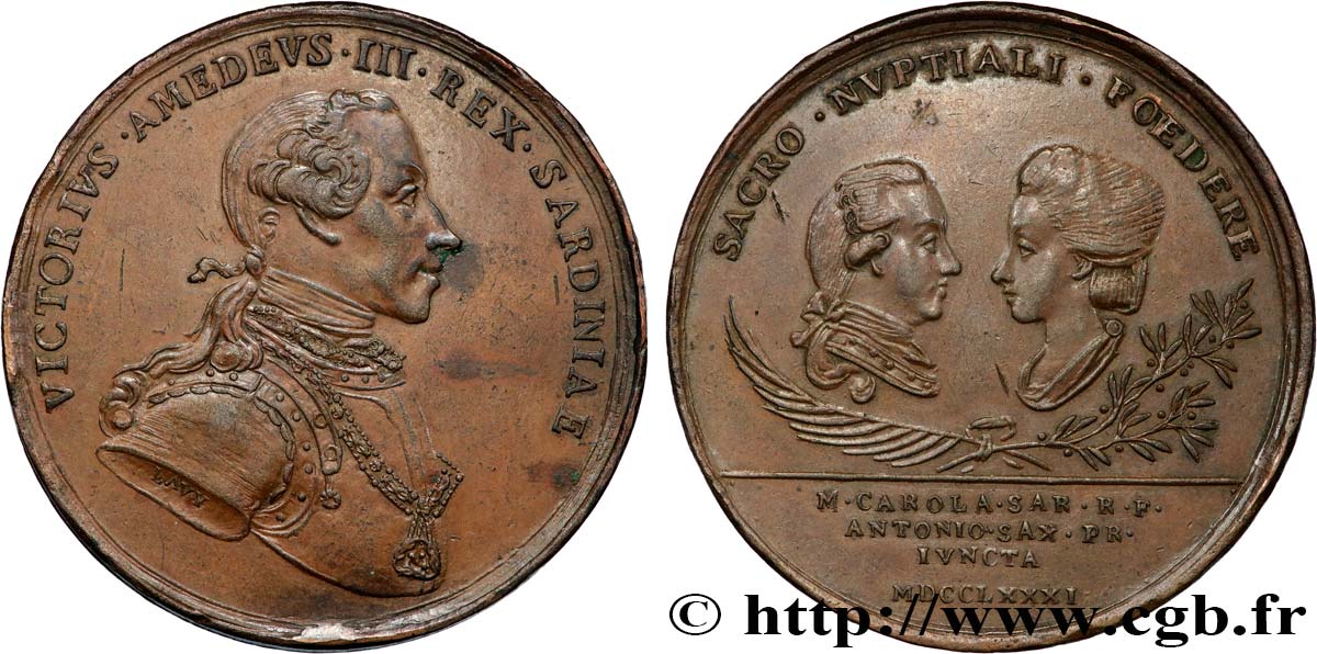 ITALIE - ROYAUME DE SARDAIGNE - VICTOR-AMEDEE III Médaille, Mariage de Marie-Caroline de Savoie et Antoine de Saxe TTB