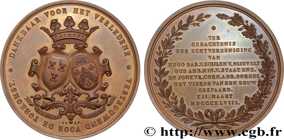 NETHERLANDS – KINGDOM OF NETHERLANDS - GUILLAUME II Médaille, Noces d’argent de Mr Hugo, baron van Zuylen van Nyjevelt et Cornélia Adriana Boreel MS