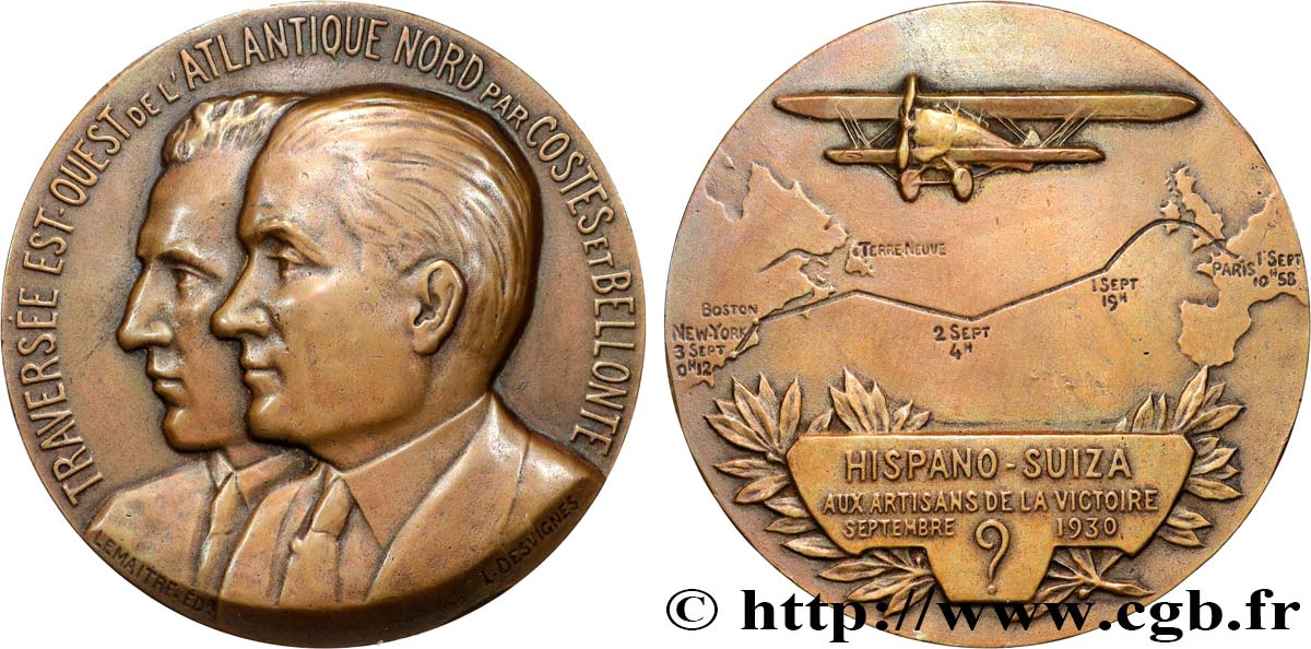 III REPUBLIC Médaille, Hispano-Suiza, Traversée Est-Ouest de l’Atlantique Nord AU
