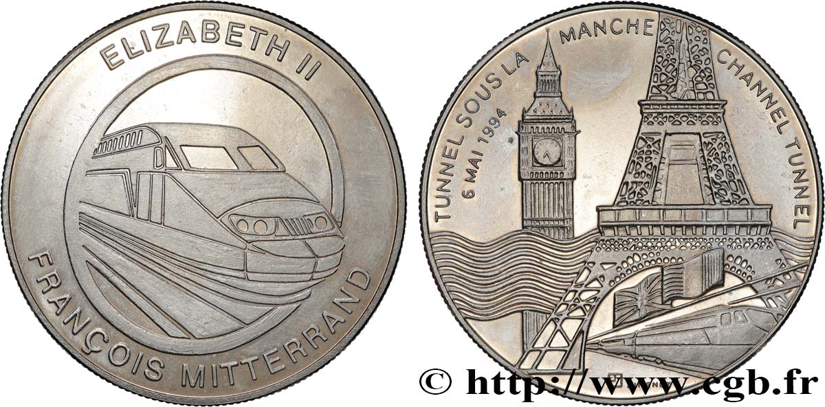 CINQUIÈME RÉPUBLIQUE Médaille, Tunnel sous la Manche, Elisabeth II et François Mitterrand SUP