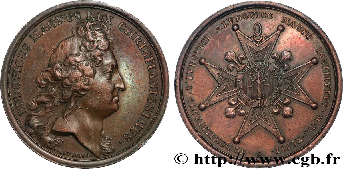 LOUIS XIV LE GRAND OU LE ROI SOLEIL Médaille, Institution de l&nbsp;Ordre militaire de Saint-Louis TTB
