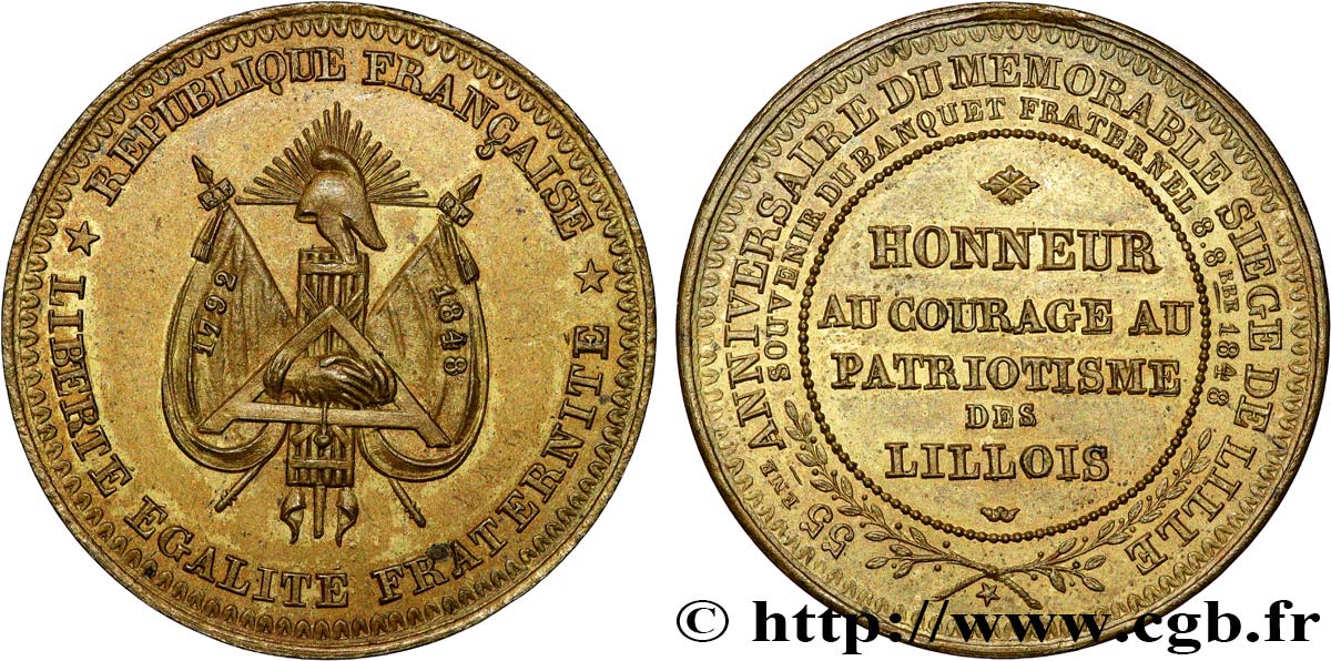 DEUXIÈME RÉPUBLIQUE Médaille, Souvenir du banquet fraternel, 55e anniversaire du siège de Lille TTB+