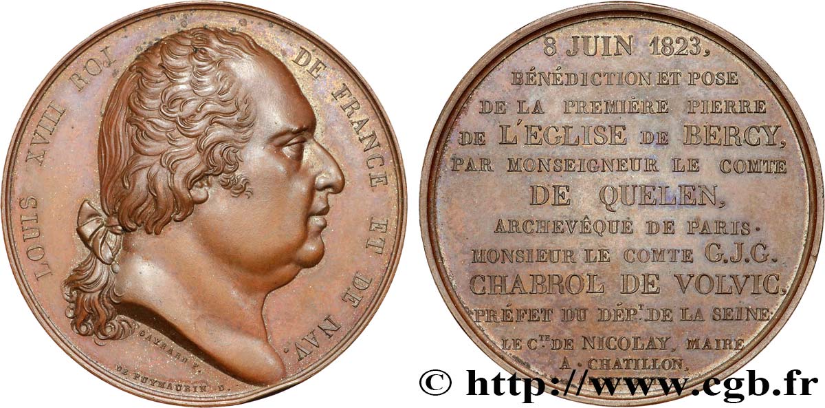 LOUIS XVIII Médaille, Pose de la première pierre de l’église de Bercy SUP+