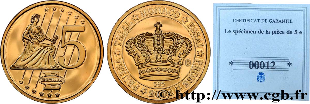 EUROPA Médaille, Specimen 5 €uro, Monaco fST