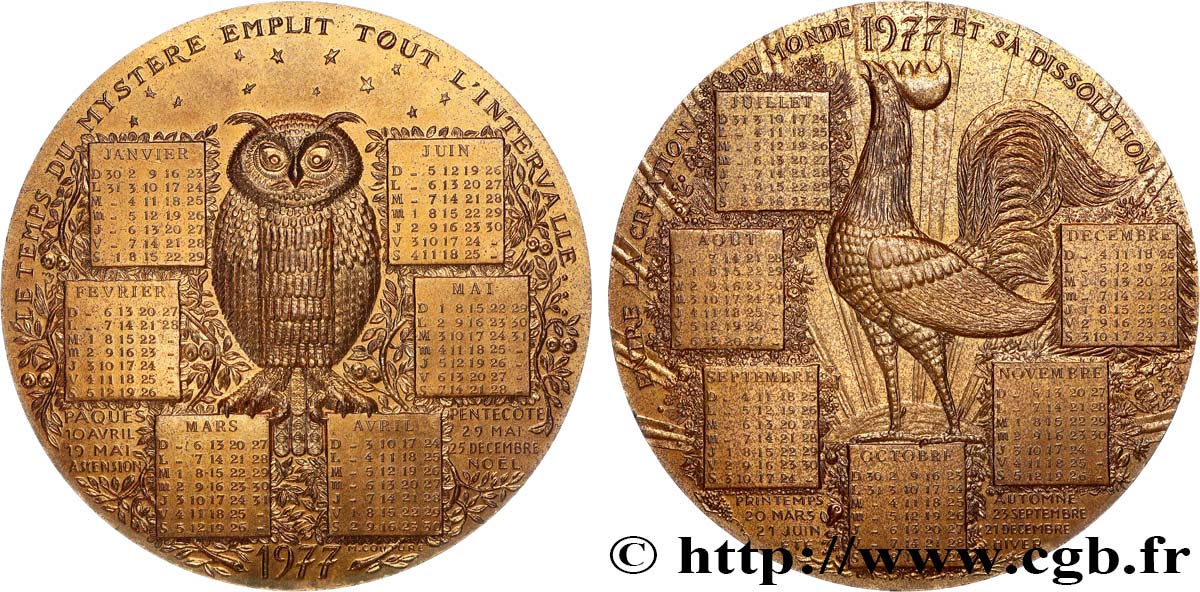 QUINTA REPUBBLICA FRANCESE Médaille calendrier, La Chouette et le Coq q.SPL