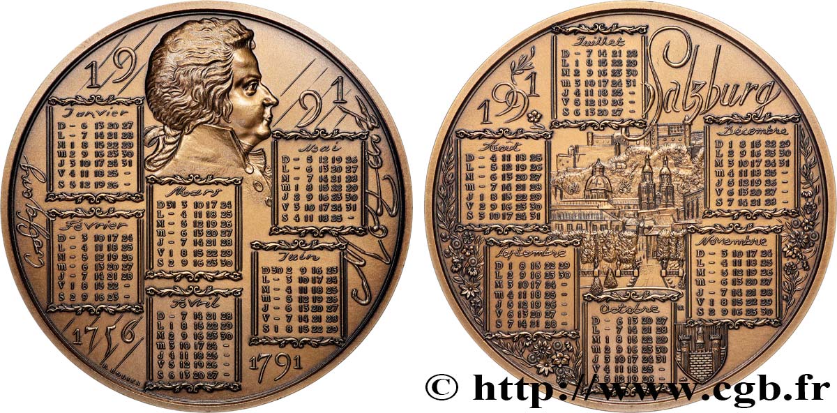 CINQUIÈME RÉPUBLIQUE Médaille calendrier - Salzburg et Mozart SUP