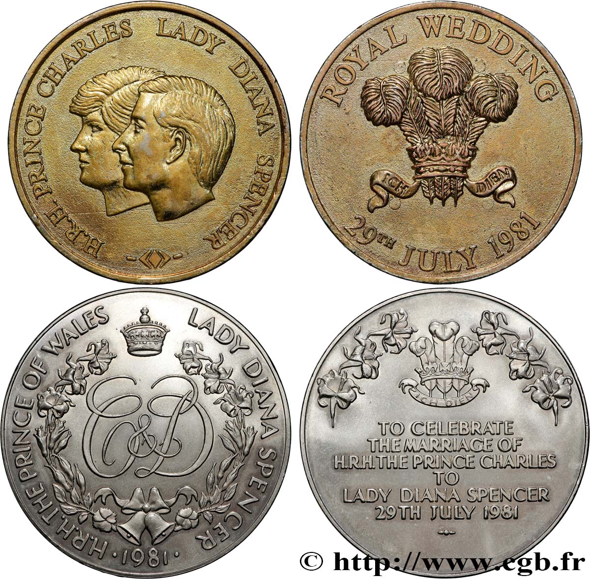 ROYAUME-UNI Lot de 2 médailles, Mariage de Charles, Prince de Galles, et Lady Diana Spencer TTB