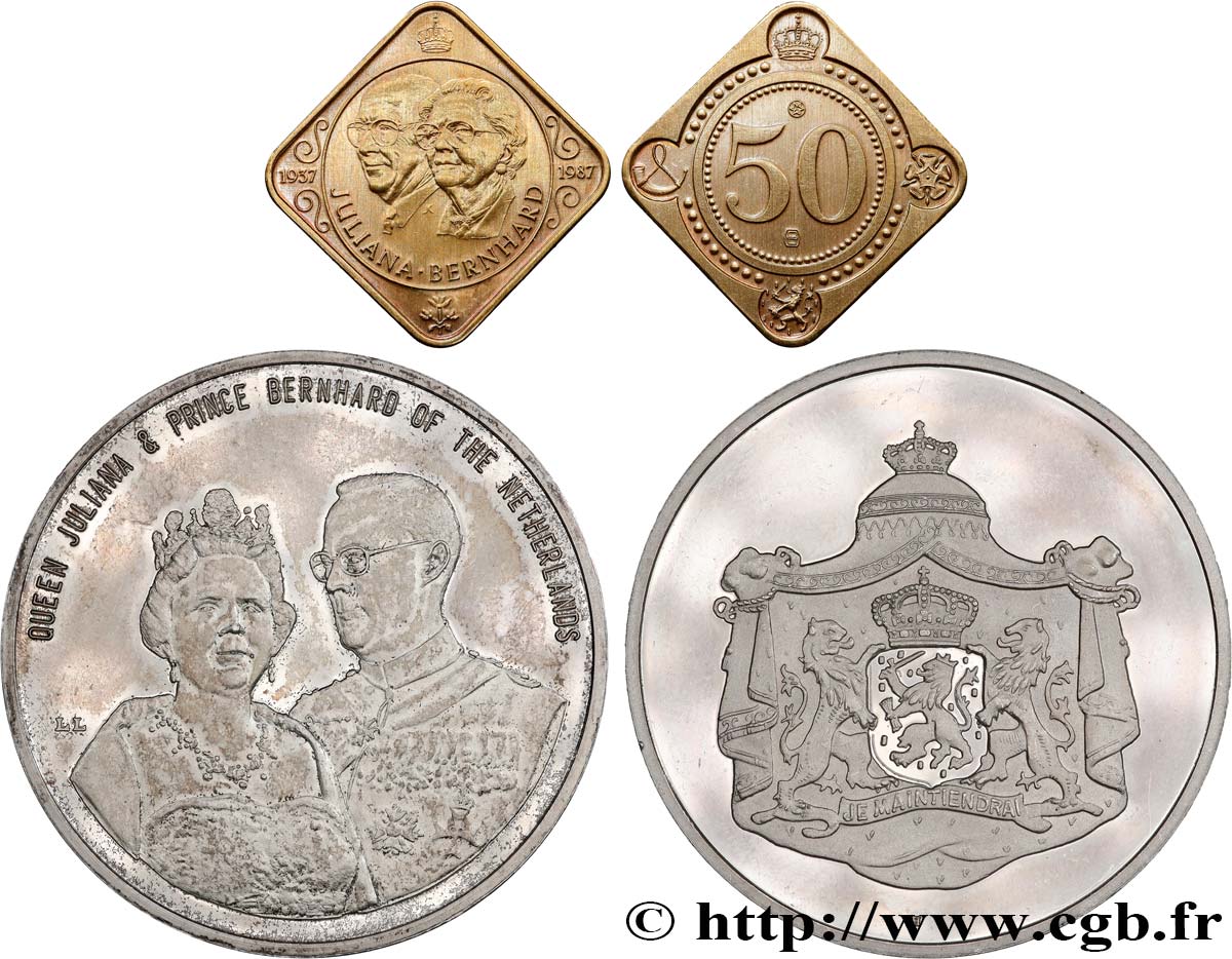 NETHERLANDS - KINGDOM OF HOLLAND Lot de 2 médailles, Noces d’or de son Altesse Royale la Princesse Juliana des Pays-Bas avec le Prince Bernhard de Lippe Biesterfeld AU