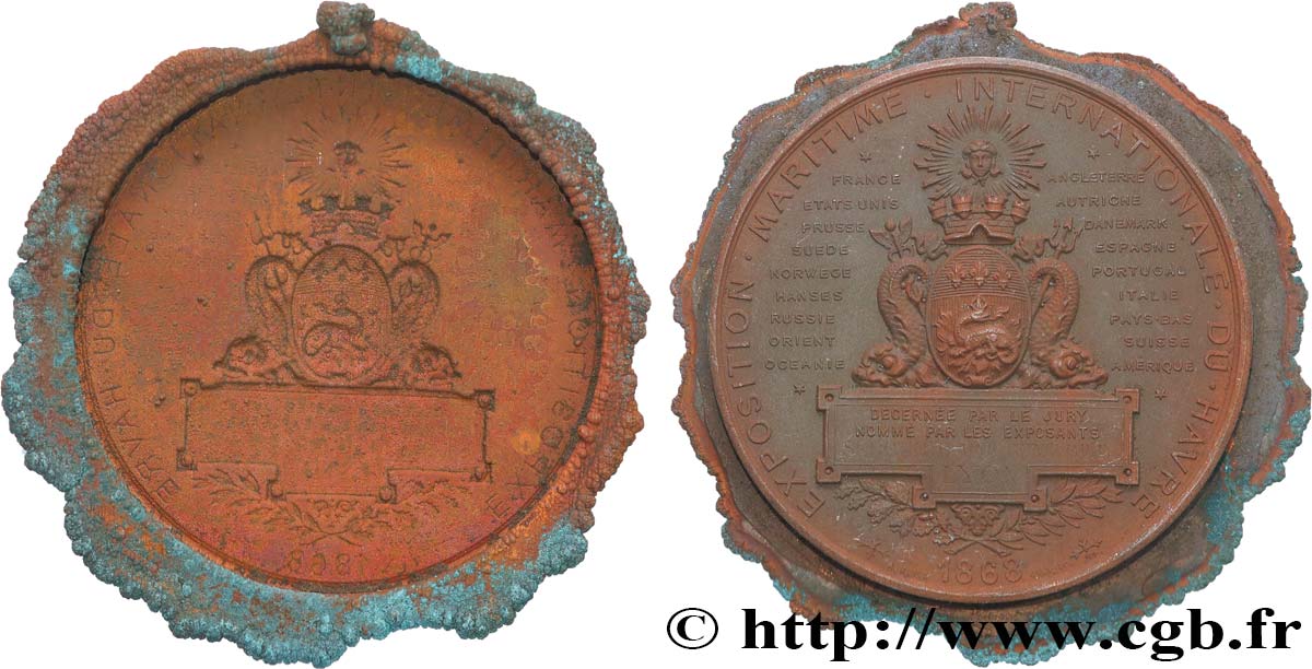 SECOND EMPIRE Médaille, Exposition maritime internationale du Havre, tirage uniface du revers TTB+