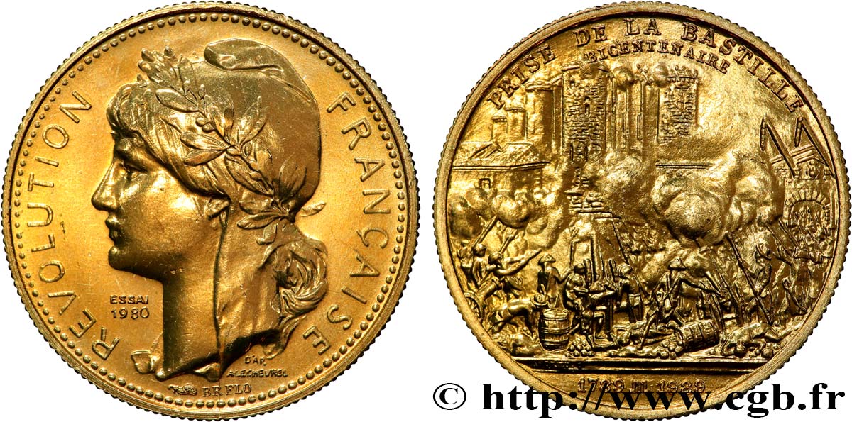 CINQUIÈME RÉPUBLIQUE Médaille, Bicentenaire de la Révolution Française, Prise de la Bastille SUP
