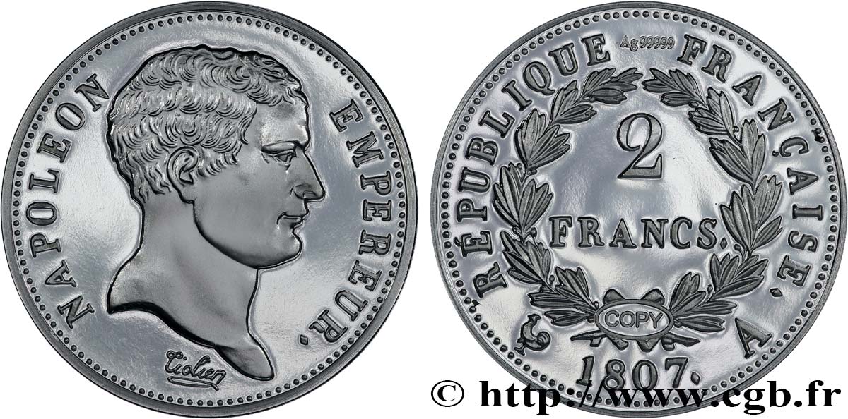 QUINTA REPUBBLICA FRANCESE Médaille, 2 francs Napoléon Empereur, tête de nègre, copie MS