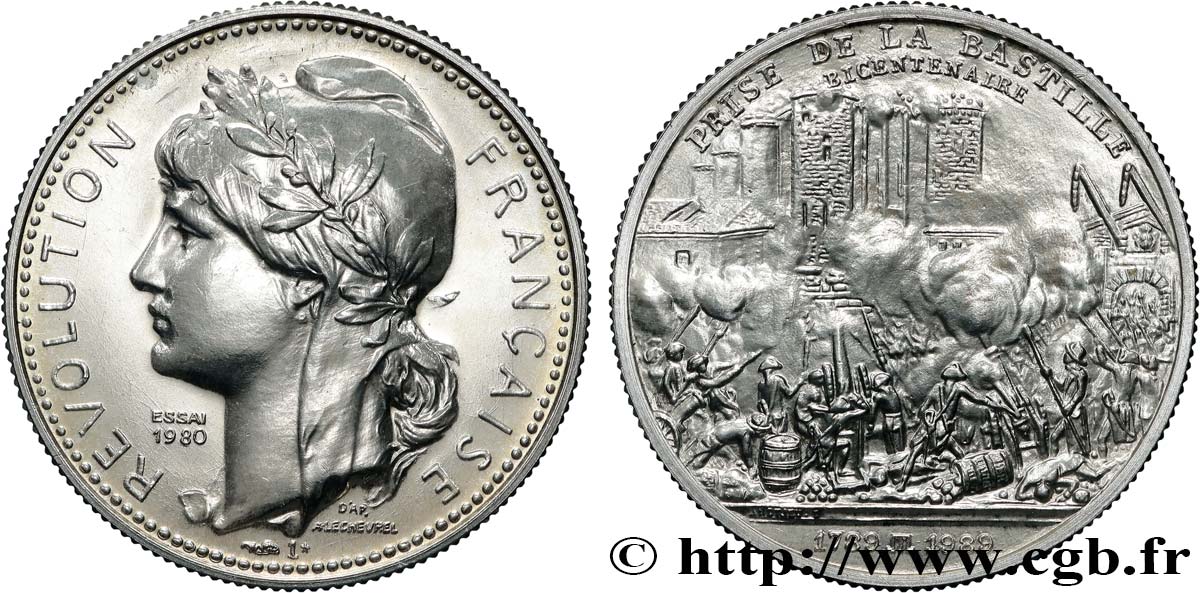 V REPUBLIC Médaille, Bicentenaire de la Révolution Française, Prise de la Bastille AU