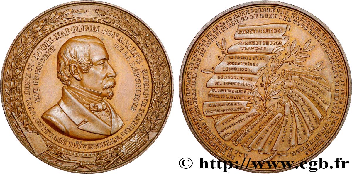 SECOND REPUBLIC Médaille, Élection du président Louis Napoléon Bonaparte AU/AU