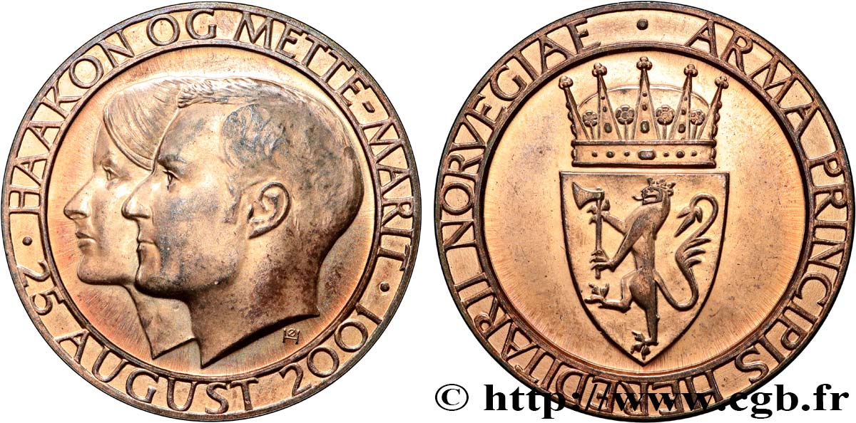 NORVEGIA Médaille, Noces de cristal du Prince héritier Haakon de Norvège et de Mutte-Marit Tjessem Ho(phi)iby q.SPL
