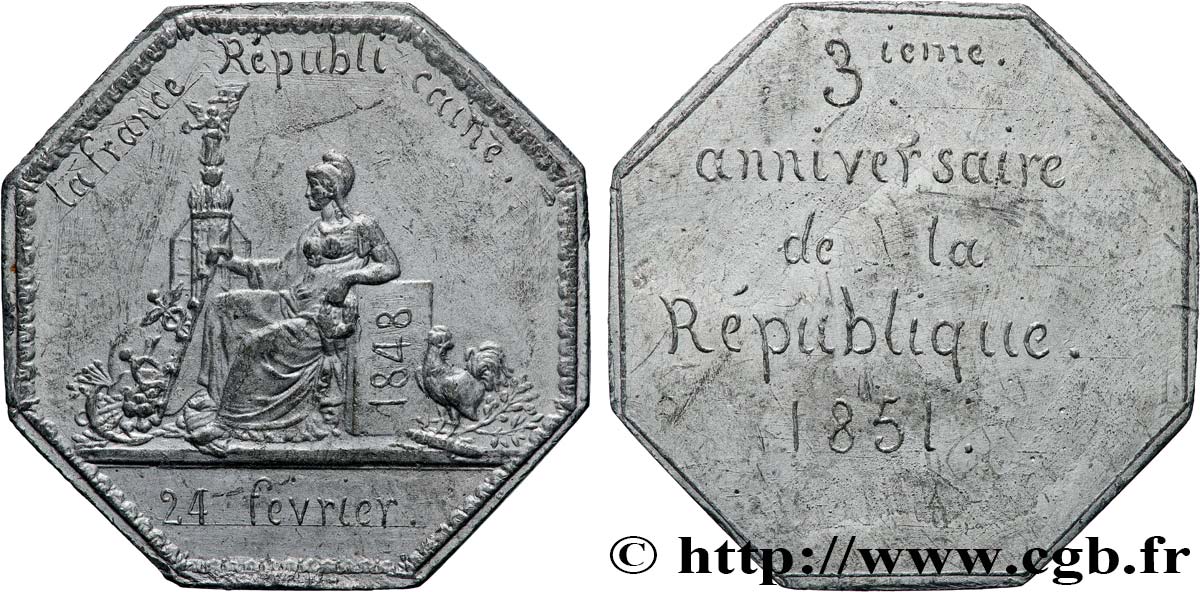 DEUXIÈME RÉPUBLIQUE Médaille, 3e anniversaire de la République XF