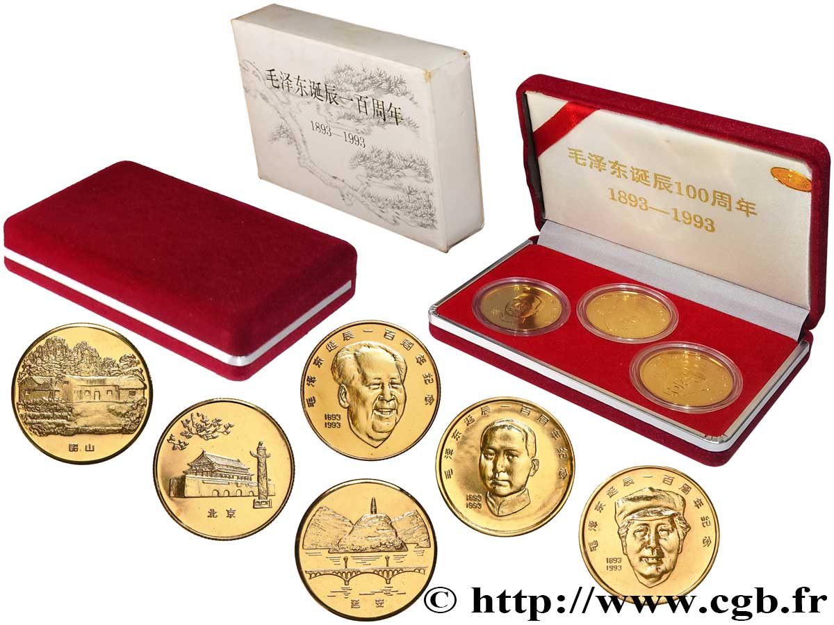 CHINA Coffret de 3 médailles, Centenaire de la naissance de Mao Tsé-toung EBC