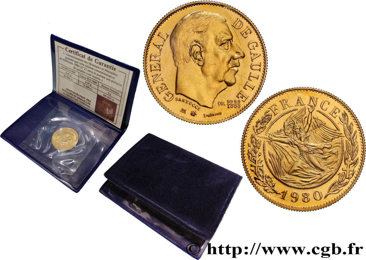 V REPUBLIC Médaille, module de 20 francs, Charles de Gaulle MS