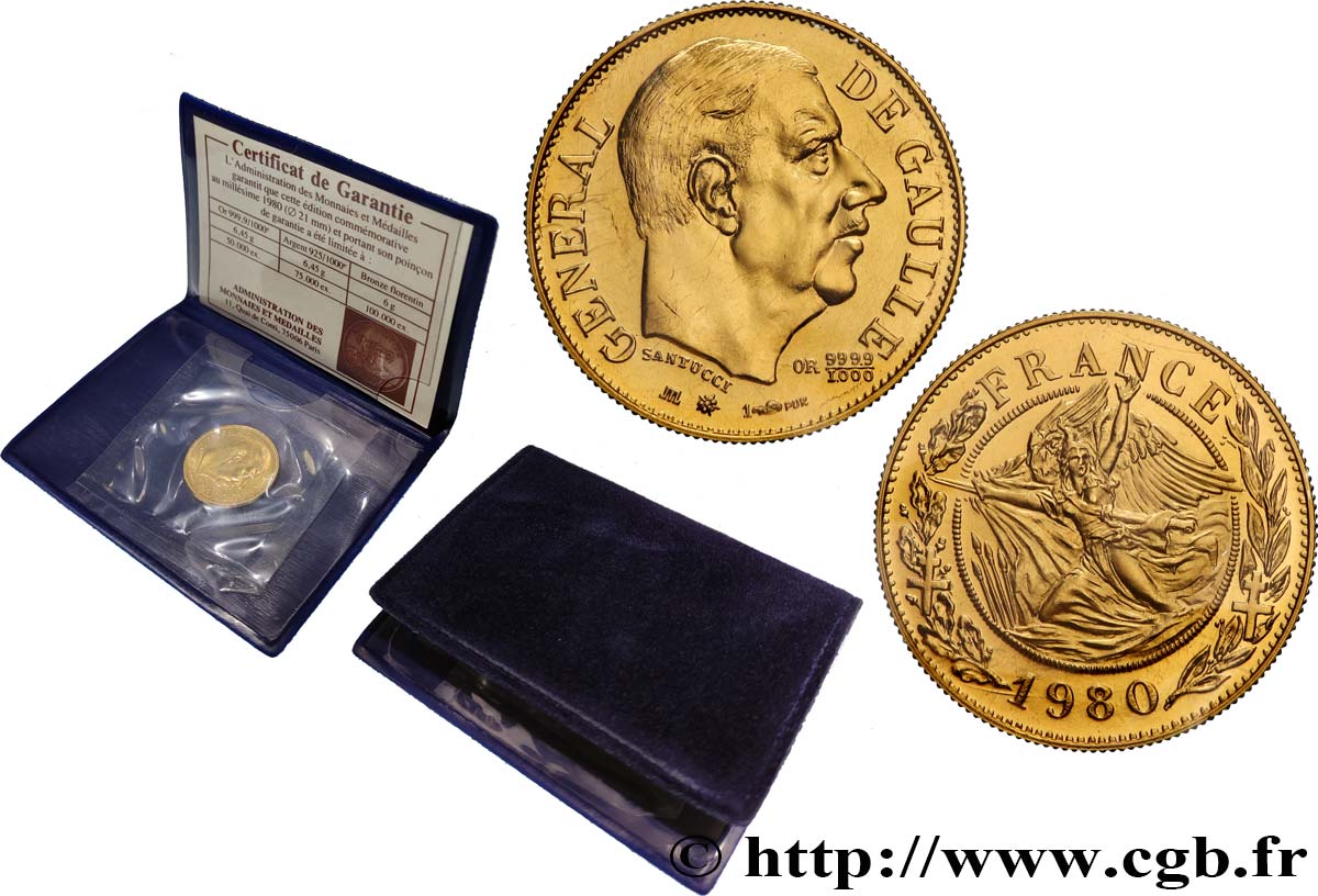 V REPUBLIC Médaille, module de 20 francs, Charles de Gaulle MS