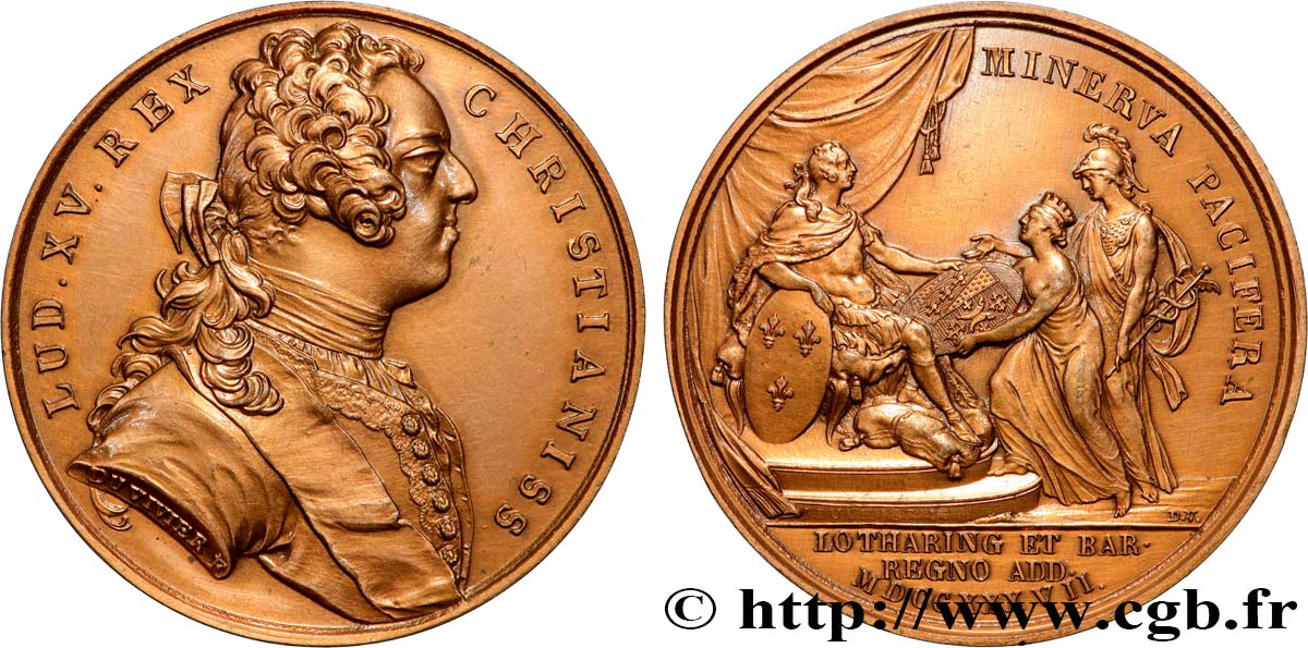 LOUIS XV THE BELOVED Médaille, Réunion des duchés de Lorraine et de Bar à la France, refrappe AU