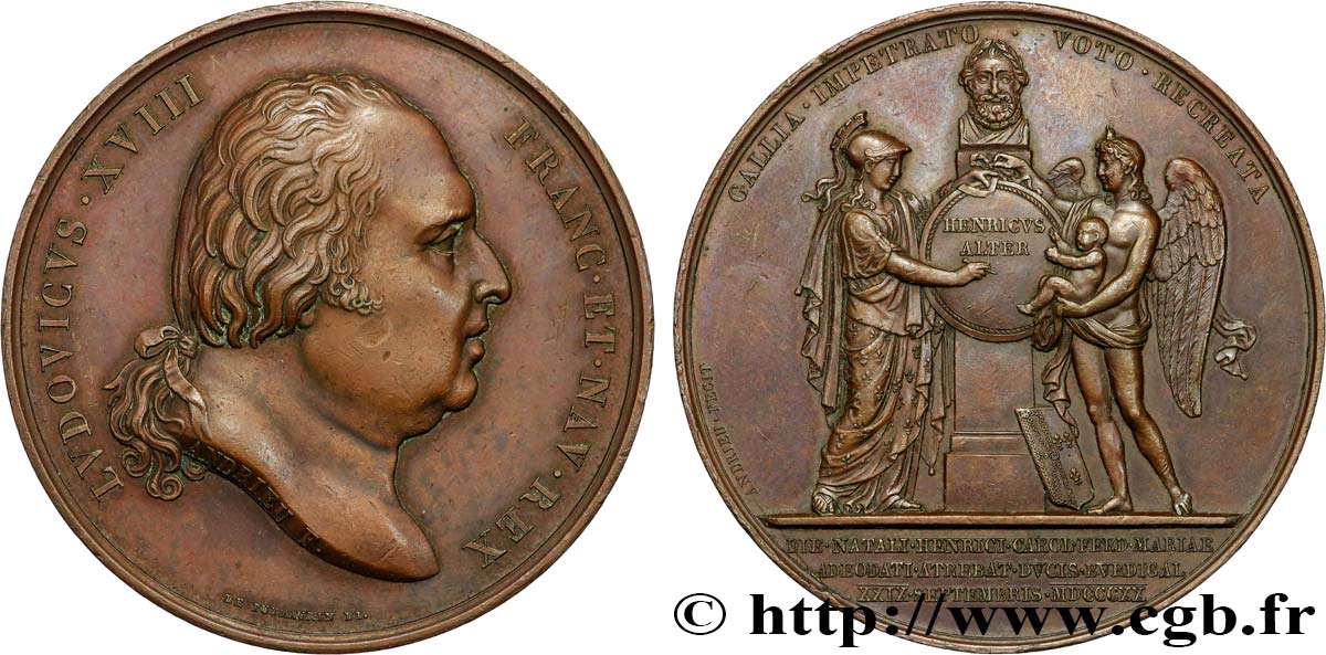 LOUIS XVIII Médaille, Naissance de Henri, duc de Bordeaux, Comte de Chambord XF