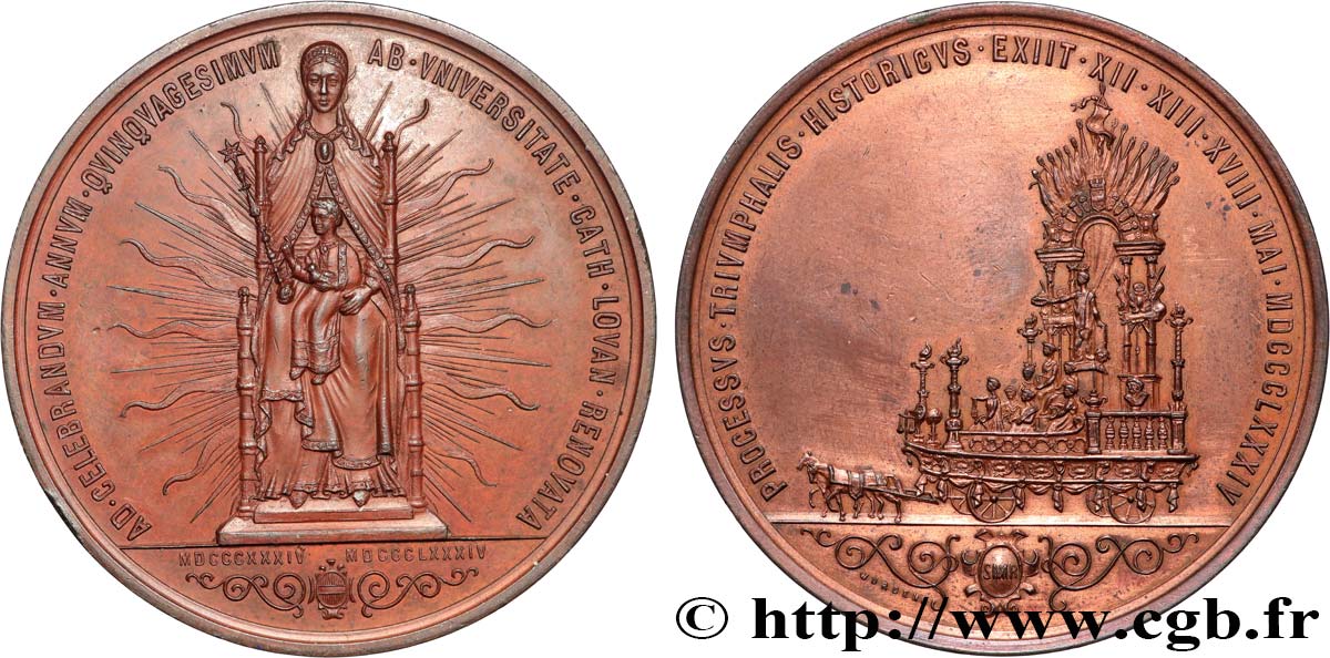 BELGIQUE - ROYAUME DE BELGIQUE - LÉOPOLD II Médaille, Célébration du cinquantenaire de l’Université catholique de Louvain TTB
