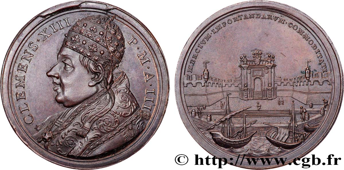 ITALIE - ETATS DE L EGLISE - CLEMENT XIII (Charles Rezzonico) Médaille, Constructions d’entrepôt à Civitavecchia SPL