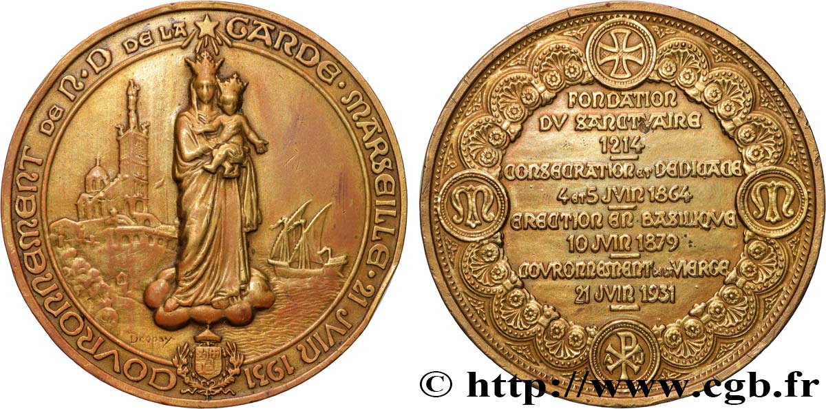 III REPUBLIC Médaille, Couronnement de Notre Dame de la Garde VF/XF