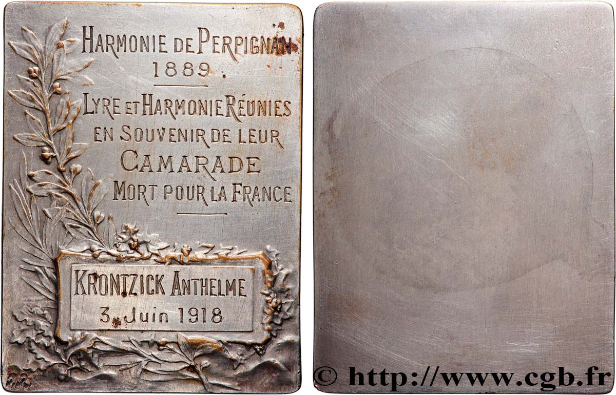 TROISIÈME RÉPUBLIQUE Plaquette, Lyre et Harmonie réunies, en souvenir de leur camarade mort pour la France TTB
