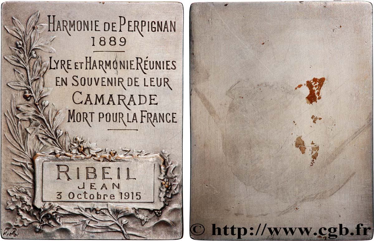TROISIÈME RÉPUBLIQUE Plaquette, Lyre et Harmonie réunies, en souvenir de leur camarade mort pour la France TTB