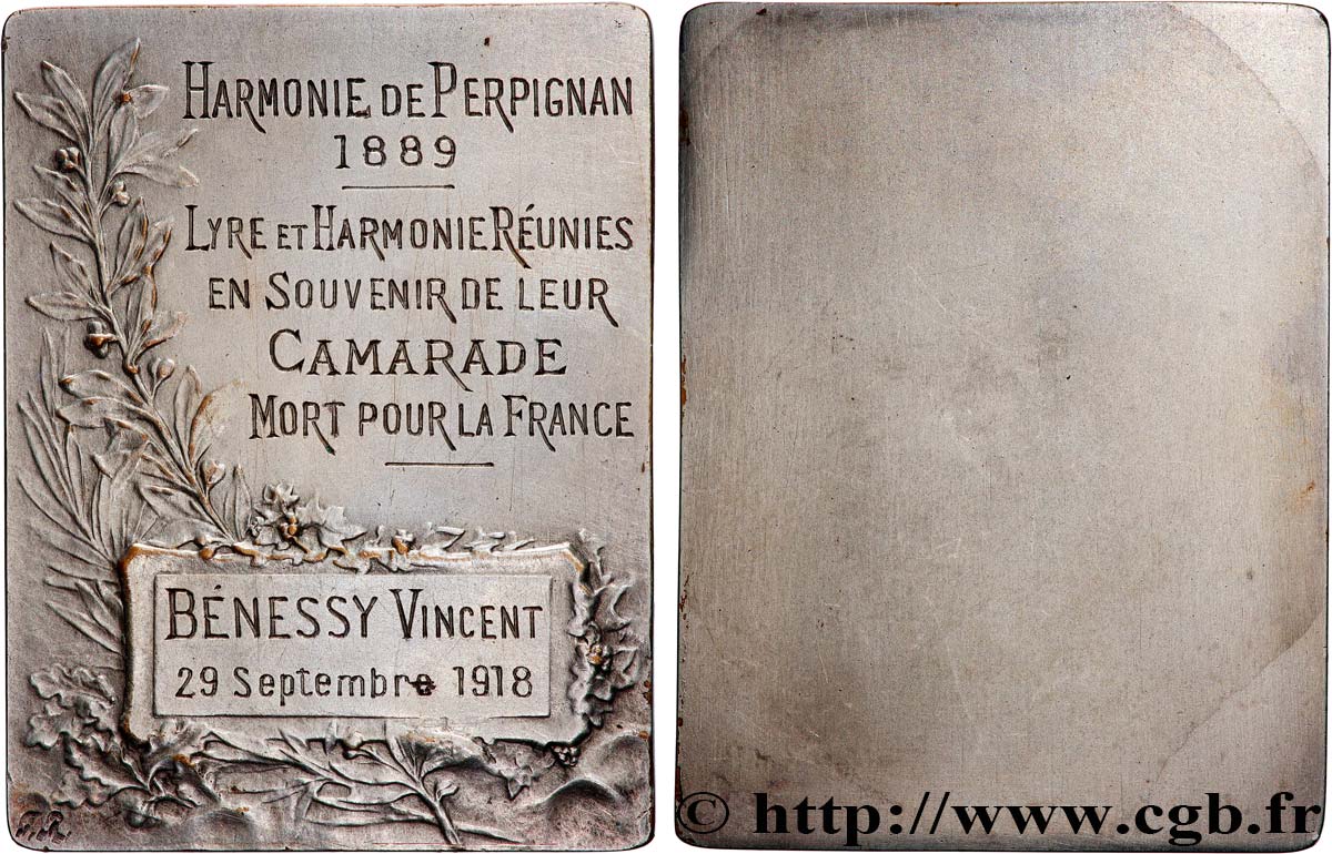 TERZA REPUBBLICA FRANCESE Plaquette, Lyre et Harmonie réunies, en souvenir de leur camarade mort pour la France q.SPL