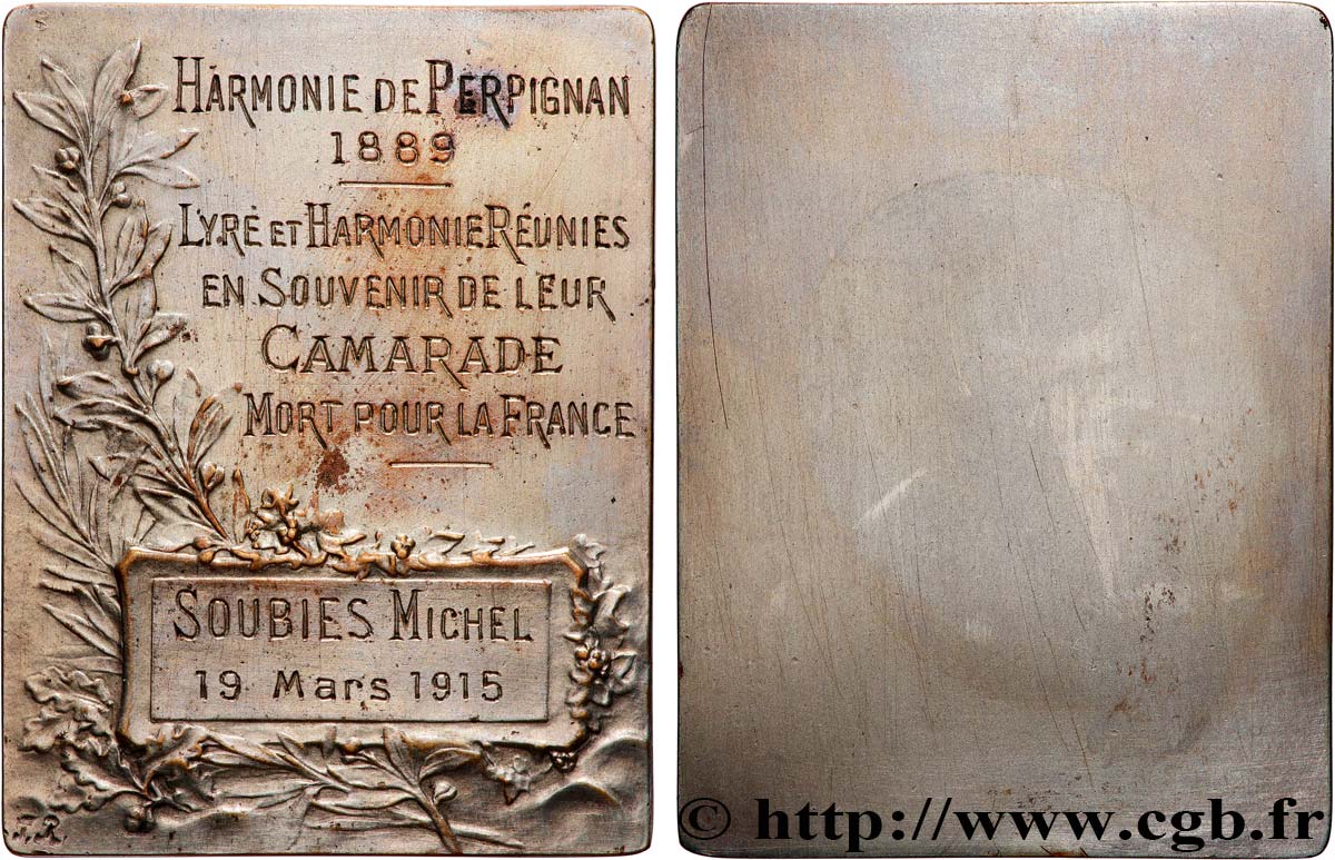 III REPUBLIC Plaquette, Lyre et Harmonie réunies, en souvenir de leur camarade mort pour la France XF