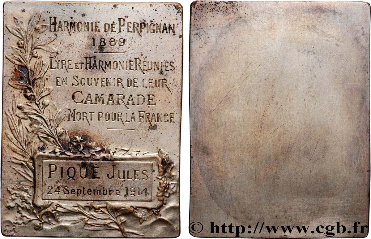 DRITTE FRANZOSISCHE REPUBLIK Plaquette, Lyre et Harmonie réunies, en souvenir de leur camarade mort pour la France SS
