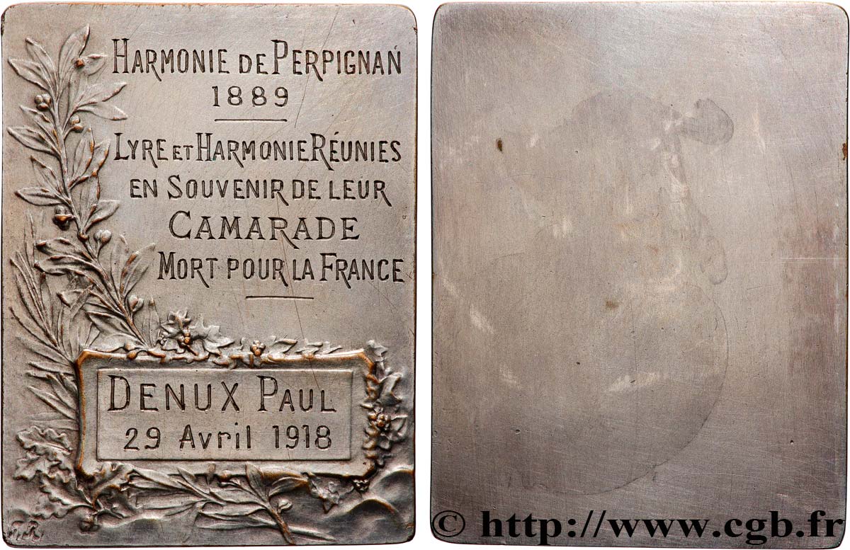 TERCERA REPUBLICA FRANCESA Plaquette, Lyre et Harmonie réunies, en souvenir de leur camarade mort pour la France MBC