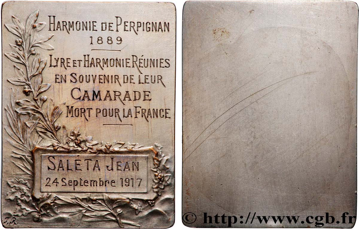 TERZA REPUBBLICA FRANCESE Plaquette, Lyre et Harmonie réunies, en souvenir de leur camarade mort pour la France BB