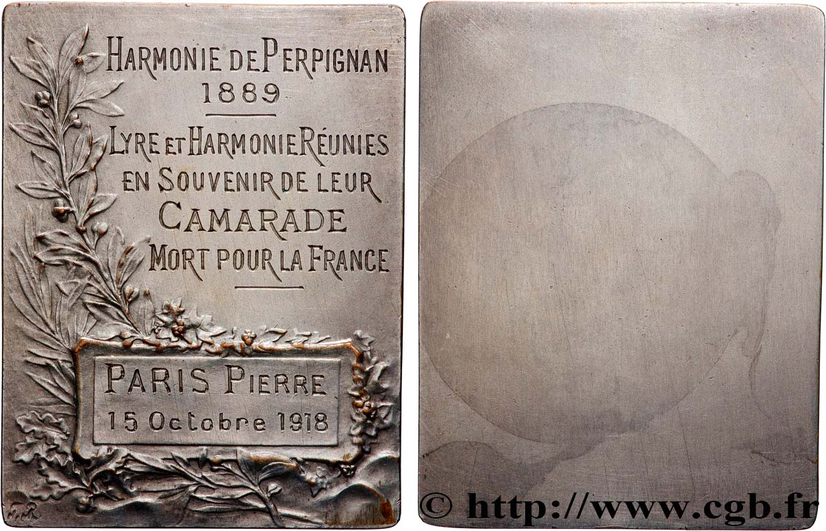 III REPUBLIC Plaquette, Lyre et Harmonie réunies, en souvenir de leur camarade mort pour la France XF