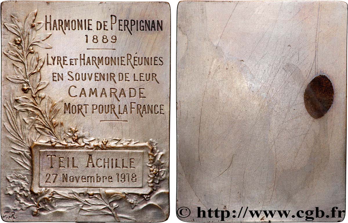 TROISIÈME RÉPUBLIQUE Plaquette, Lyre et Harmonie réunies, en souvenir de leur camarade mort pour la France TTB