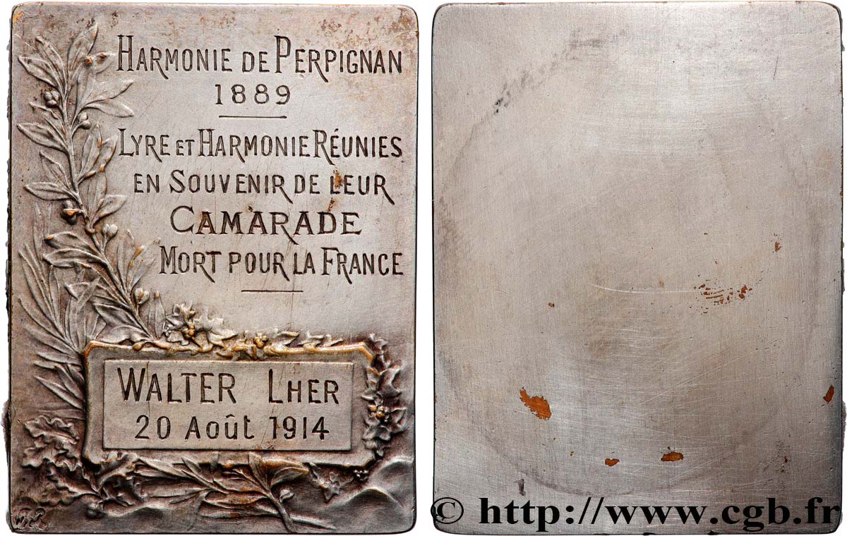 III REPUBLIC Plaquette, Lyre et Harmonie réunies, en souvenir de leur camarade mort pour la France XF
