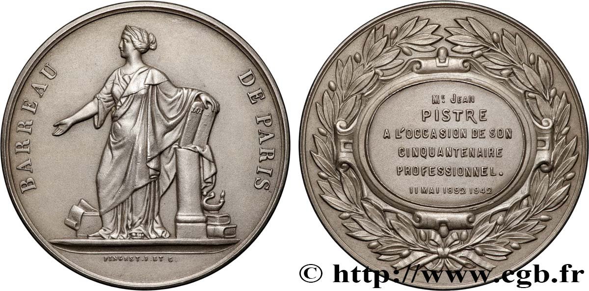 ETAT FRANÇAIS Médaille, Barreau de Paris, Cinquantenaire professionnel EBC